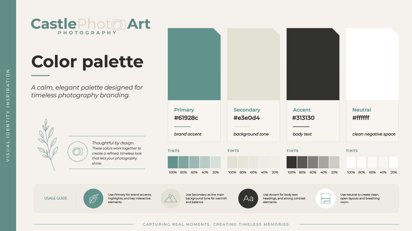 Castle PhotoArt teal, beige, charcoal and white color palette