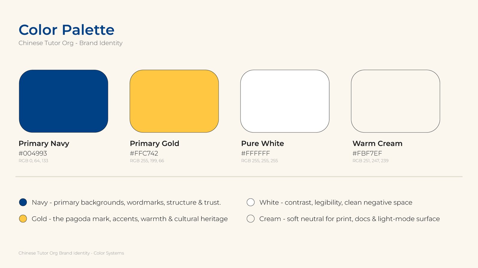 ChineseTutor.Org navy, saffron gold, white and cream color palette
