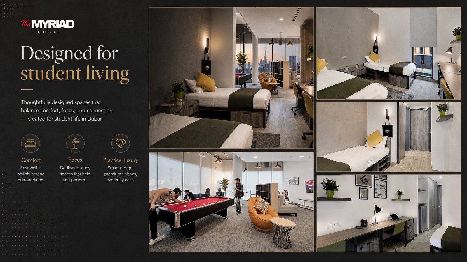 The Myriad Dubai student rooms and shared living spaces