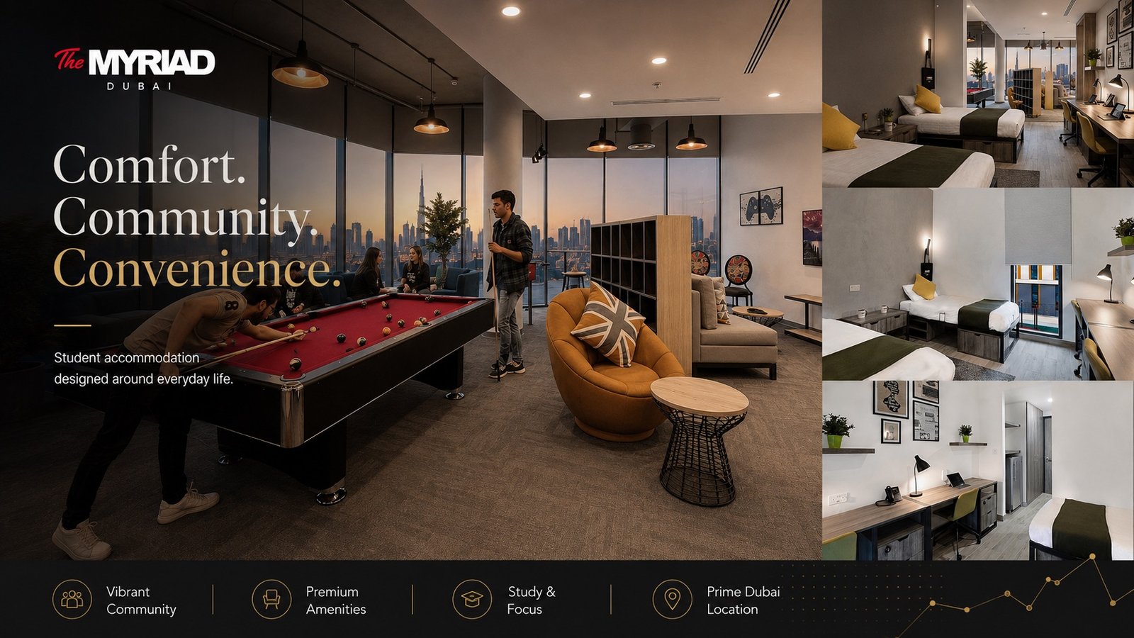 The Myriad Dubai student community and accommodation amenities