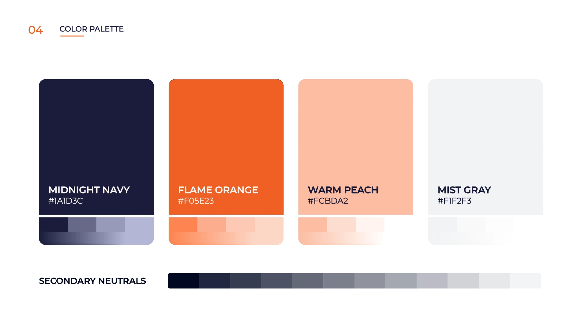 OneStop Warehouse midnight navy, flame orange, warm peach and mist gray color palette