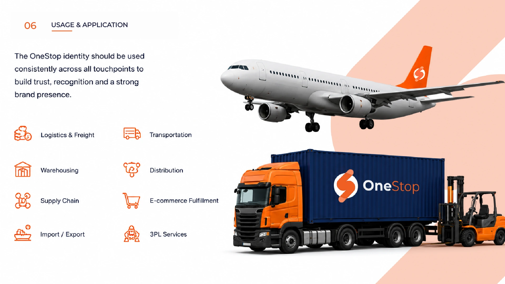 OneStop Warehouse logistics identity applied to aircraft, freight, warehousing and fulfilment