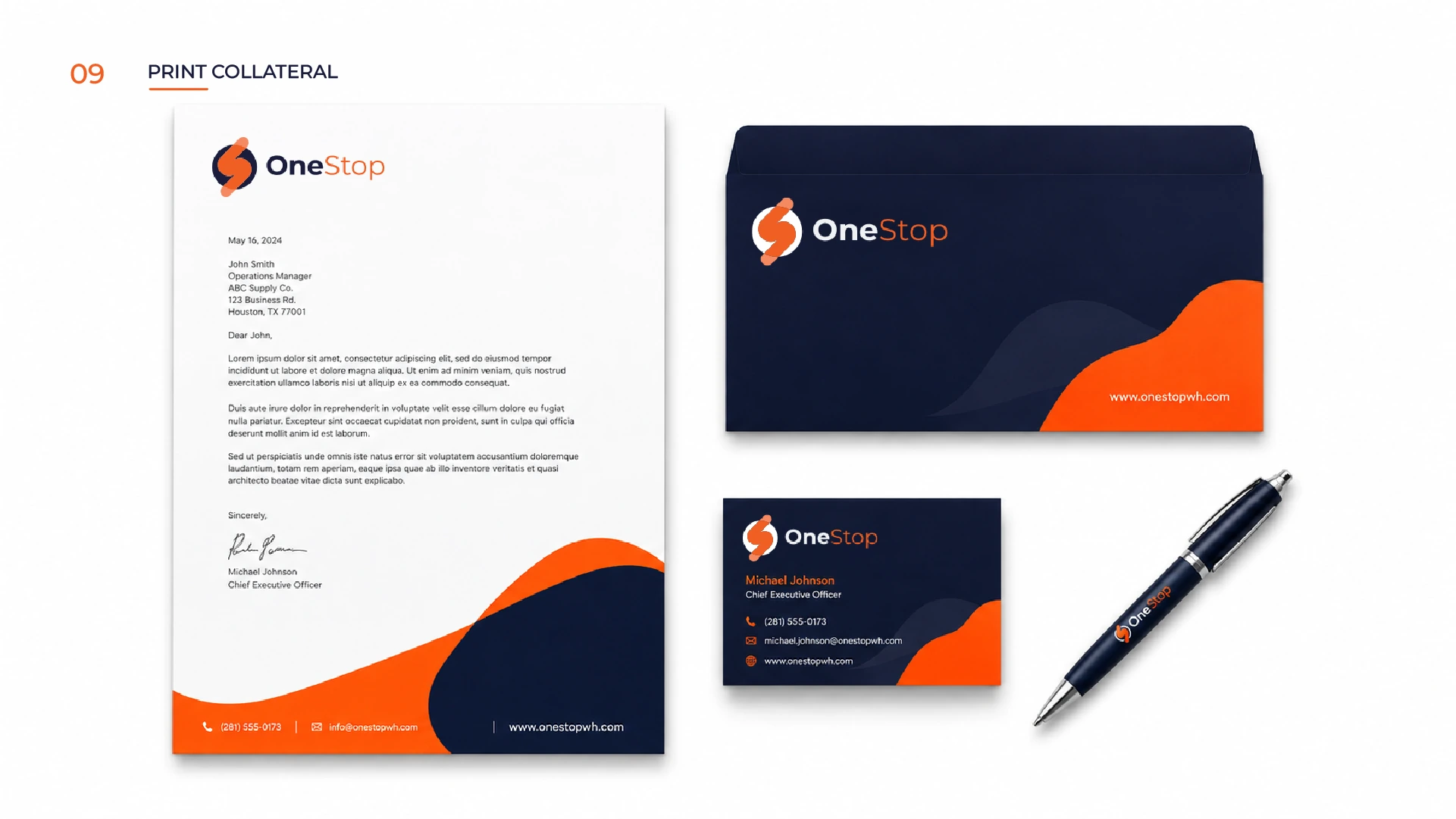OneStop Warehouse stationery, business card, envelope and pen print collateral
